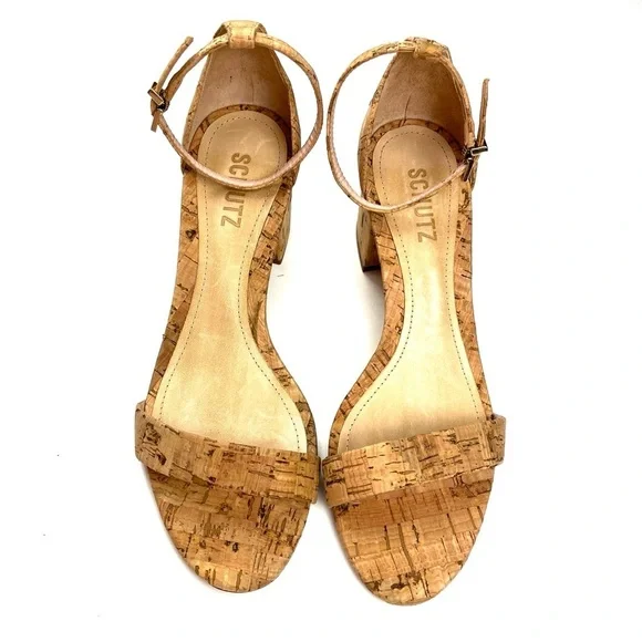 New Schutz Chimes Ankle Strap Block Heel Cork Sandals size 8.5 - Picture 3 of 8